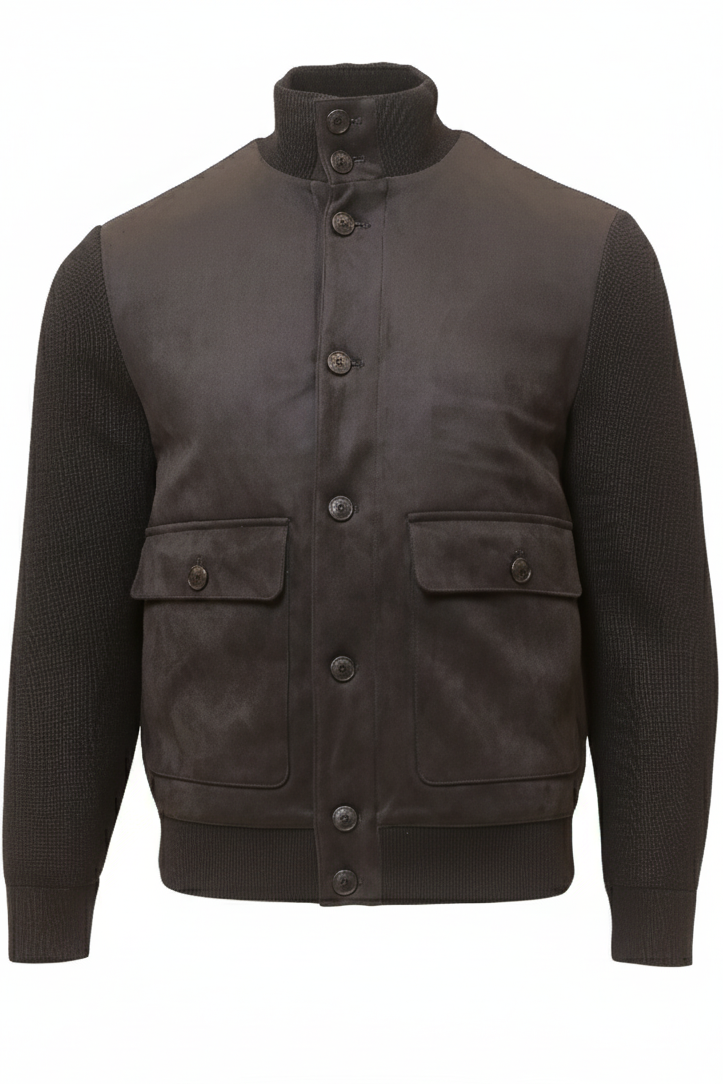 Brown jacket with button details on a white background