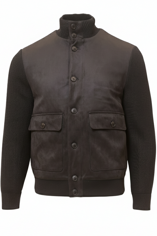 Brown jacket with button details on a white background